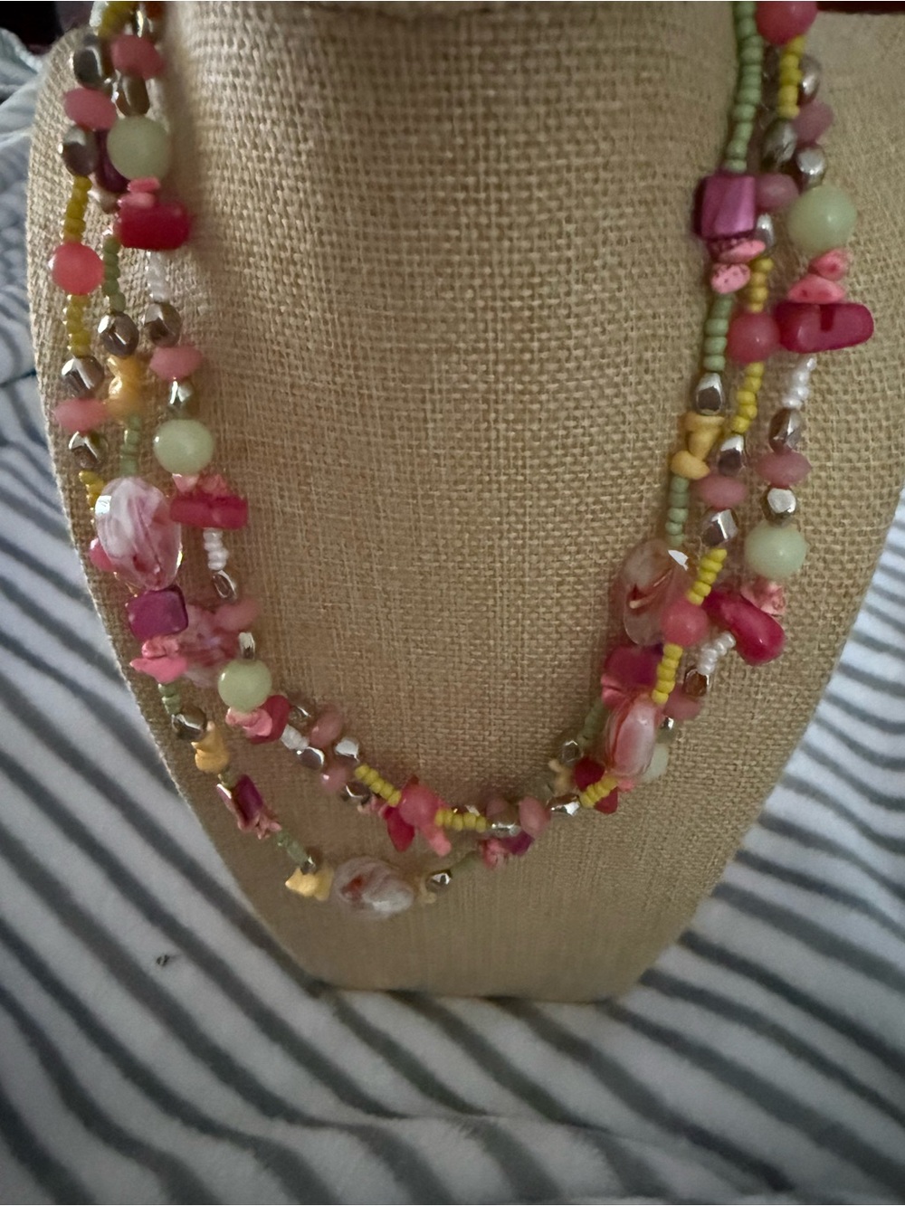 Multi-Strand Pink Beaded Necklace with Green and Yellow Accents